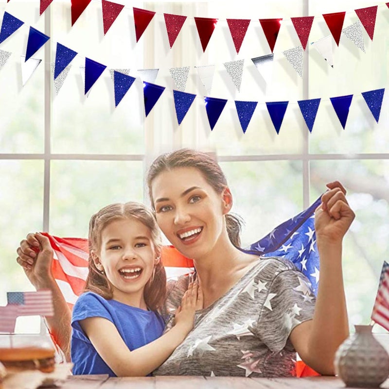 pinkblume 30 Ft Red Silver Blue Triangle Pennant Banner Bunting Hanging Paper Flag Garland for 4th of July American Independence Day USA National Day Patriotic Graduation Wedding Hen Party Decorations Supplies - Image 5